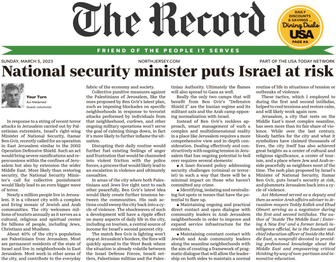 Israel ’s National Security Minister, Itamar Ben Gvir puts his country at risk Originally published in USA-Today - 2023-03-01 - Avi Melamed