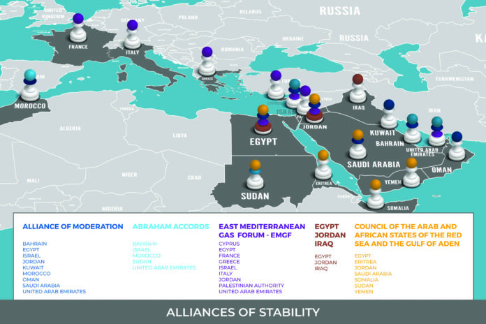 14-Color-Map-ITME-Book-2021 Alliance of Moderation “Mihwar al E’itidal,” an informal alliance of central Arab states—Egypt, members of the Gulf Cooperation Council (GCC)—Bahrain, Kuwait, Oman, Saudi Arabia, UAE—Jordan, and Israel.